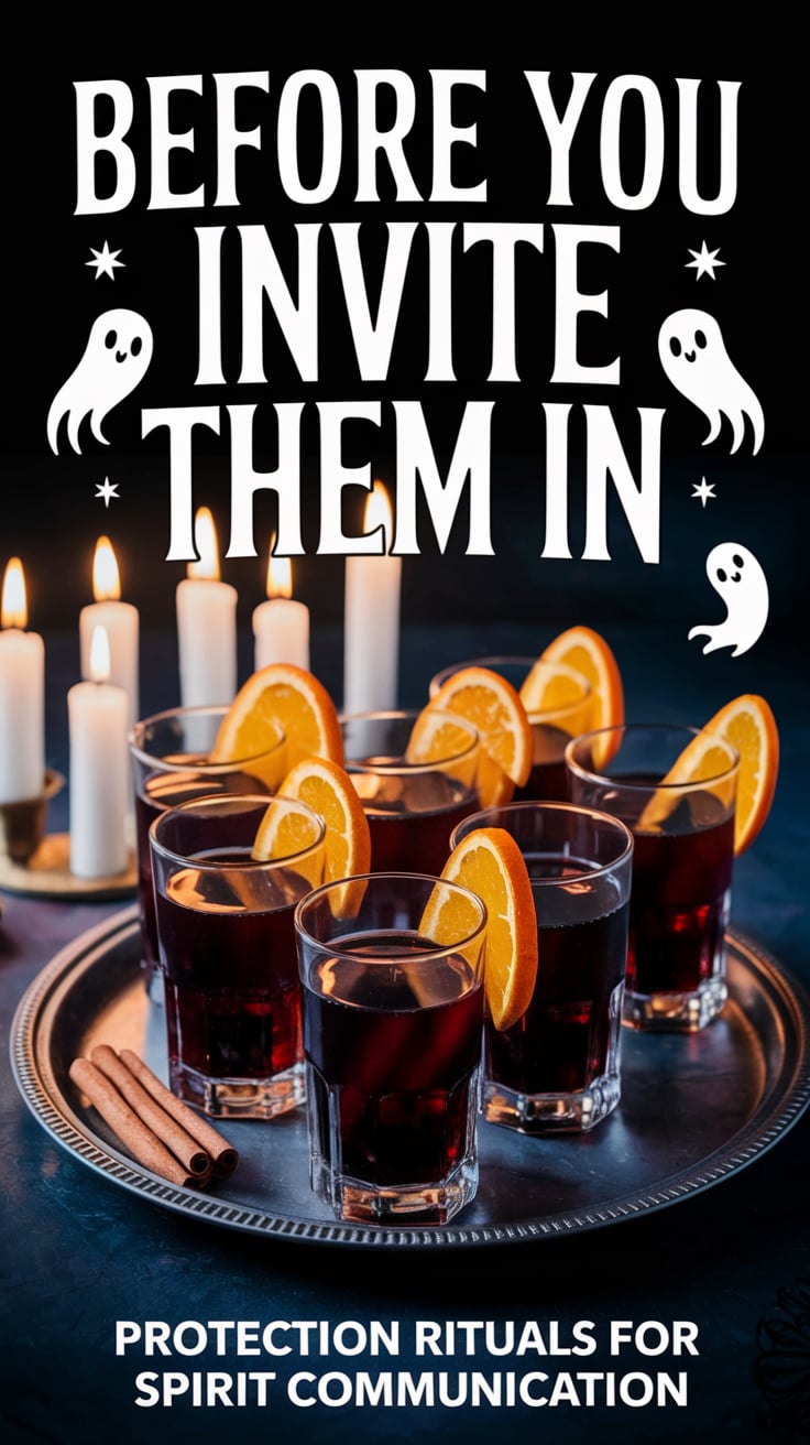 A tray with small glasses of mulled wine, each garnished with an orange slice and cinnamon stick. Soft candlelight creates a mystical ambiance. Bold text at the top reads "Before you invite them in" in a modern, slightly mysterious font. Small text at the bottom states "Protection rituals for spirit communication" in the same font family.