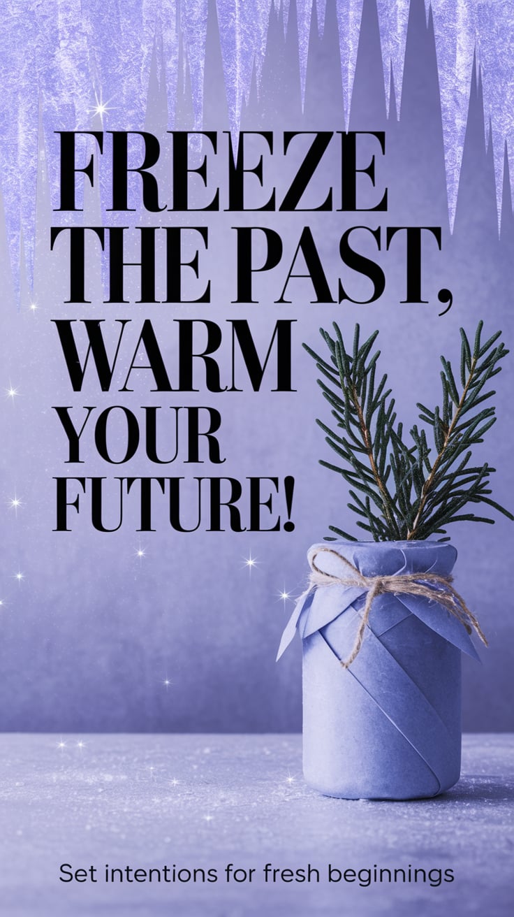 ‘Freeze the Past, Warm Your Future’ — modern sans serif, large text, icy lavender-toned background with glistening frost, a wrapped jar with cedar sprig; bottom caption: ‘Set intentions for fresh beginnings’