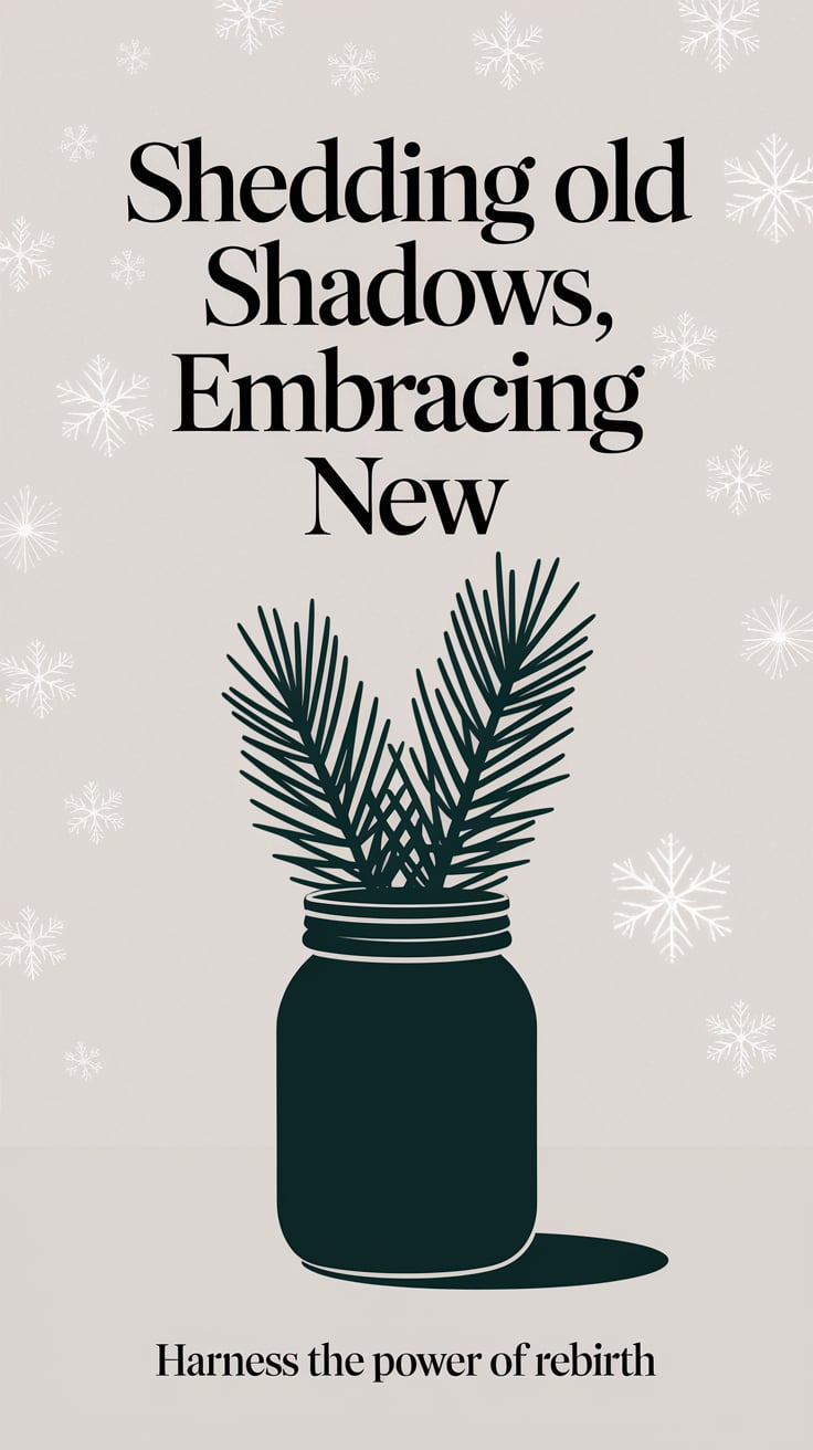 ‘Shedding Old Shadows, Embracing New’ — clean sans serif, upper third, pale winter white with faint snowflake patterns, a simple jar with pine needles inside; bottom caption: ‘Harness the power of rebirth’