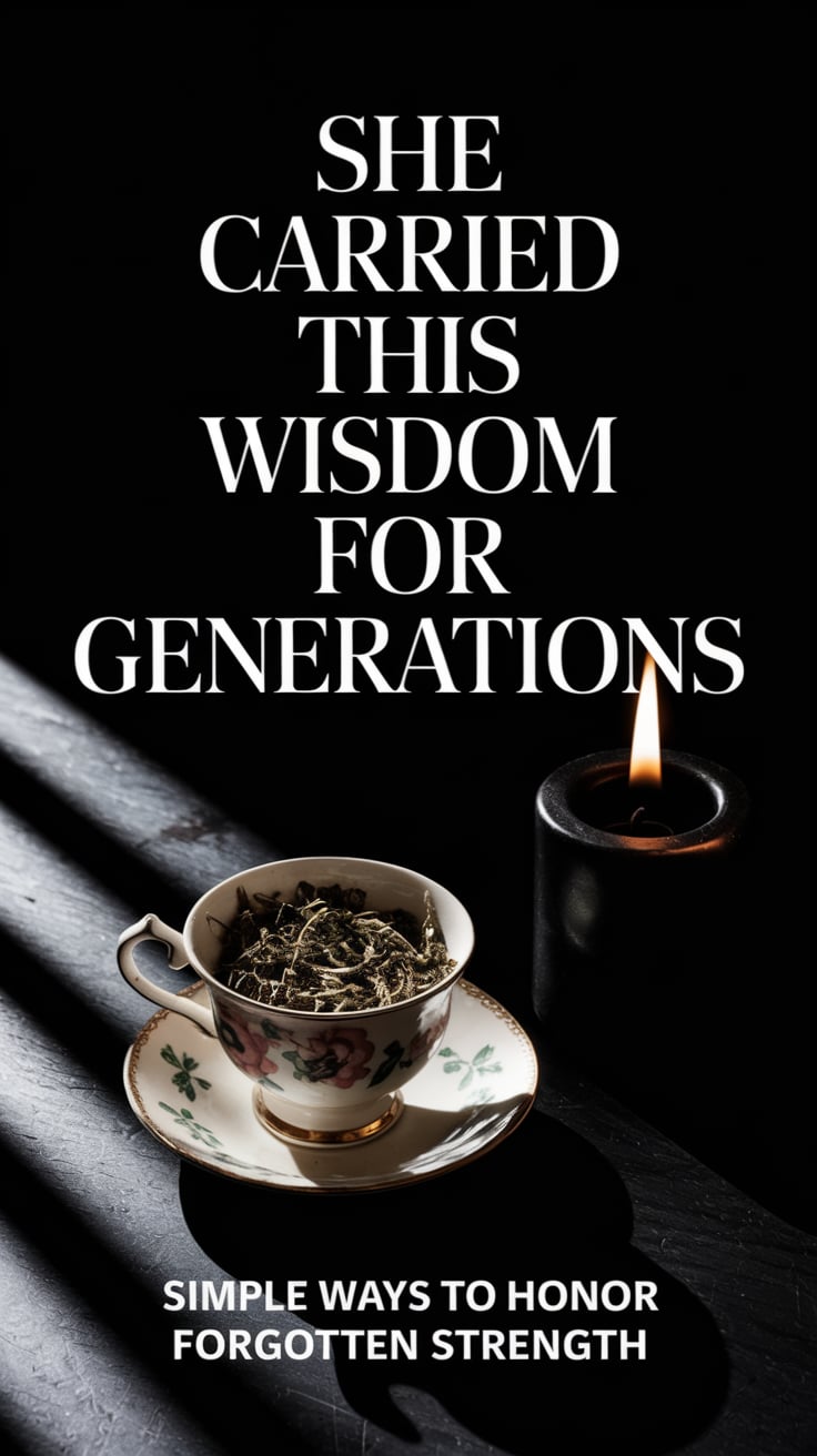 The Ancestral Dark Feminine at Samhain: Connecting with Feminine Ancestors through Respectful Veneration 4 A dark wooden table with a vintage teacup filled with herbs beside a burning black candle, shadows creating dramatic contrast. Bold text across the top reads "She carried this wisdom for generations" in a clean serif font. Small text at bottom states "Simple ways to honor forgotten strength" in matching font.