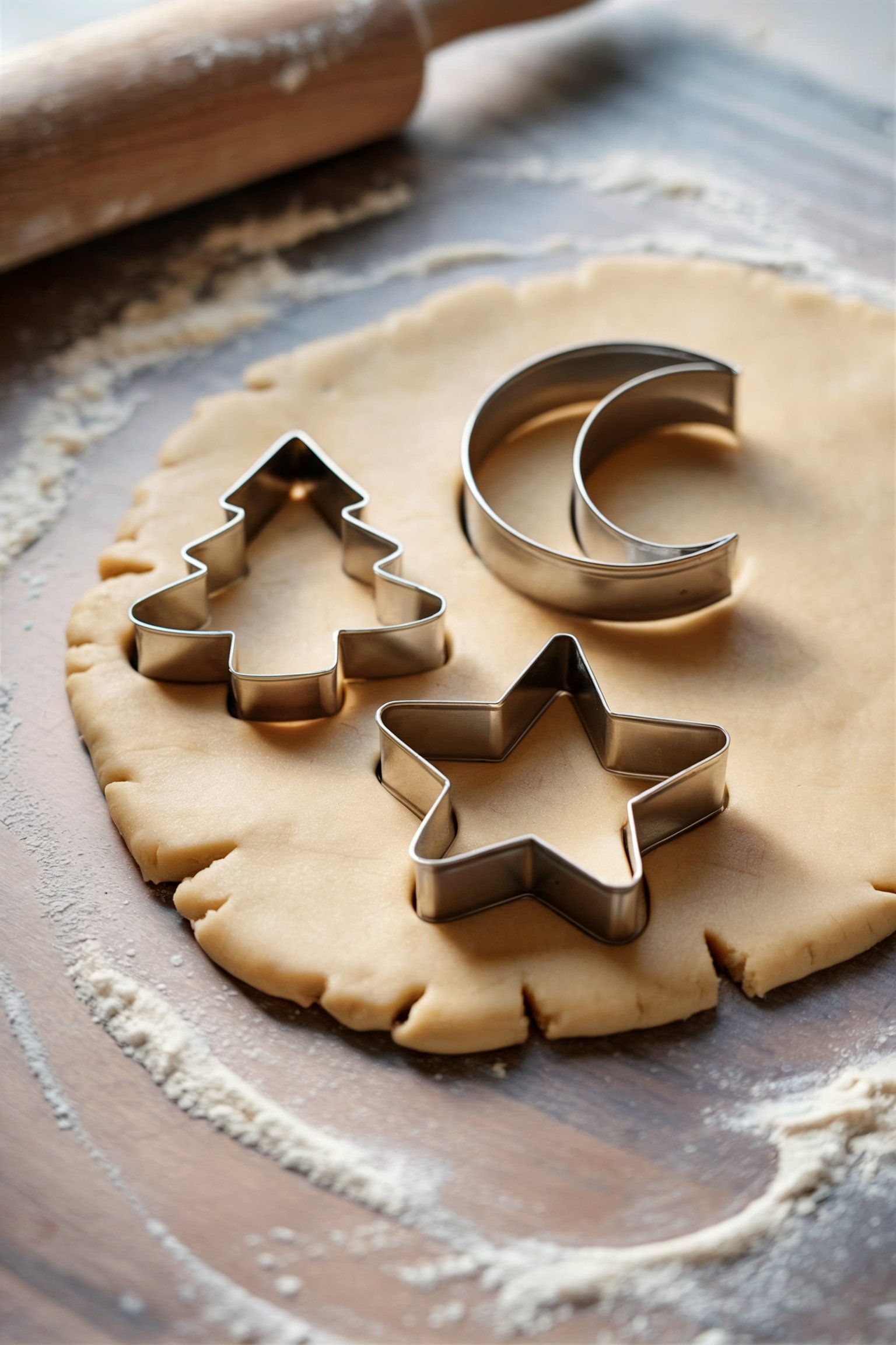 Metal cookie cutters shaped like five-pointed star, crescent moon, and Christmas tree on rolled cookie dough