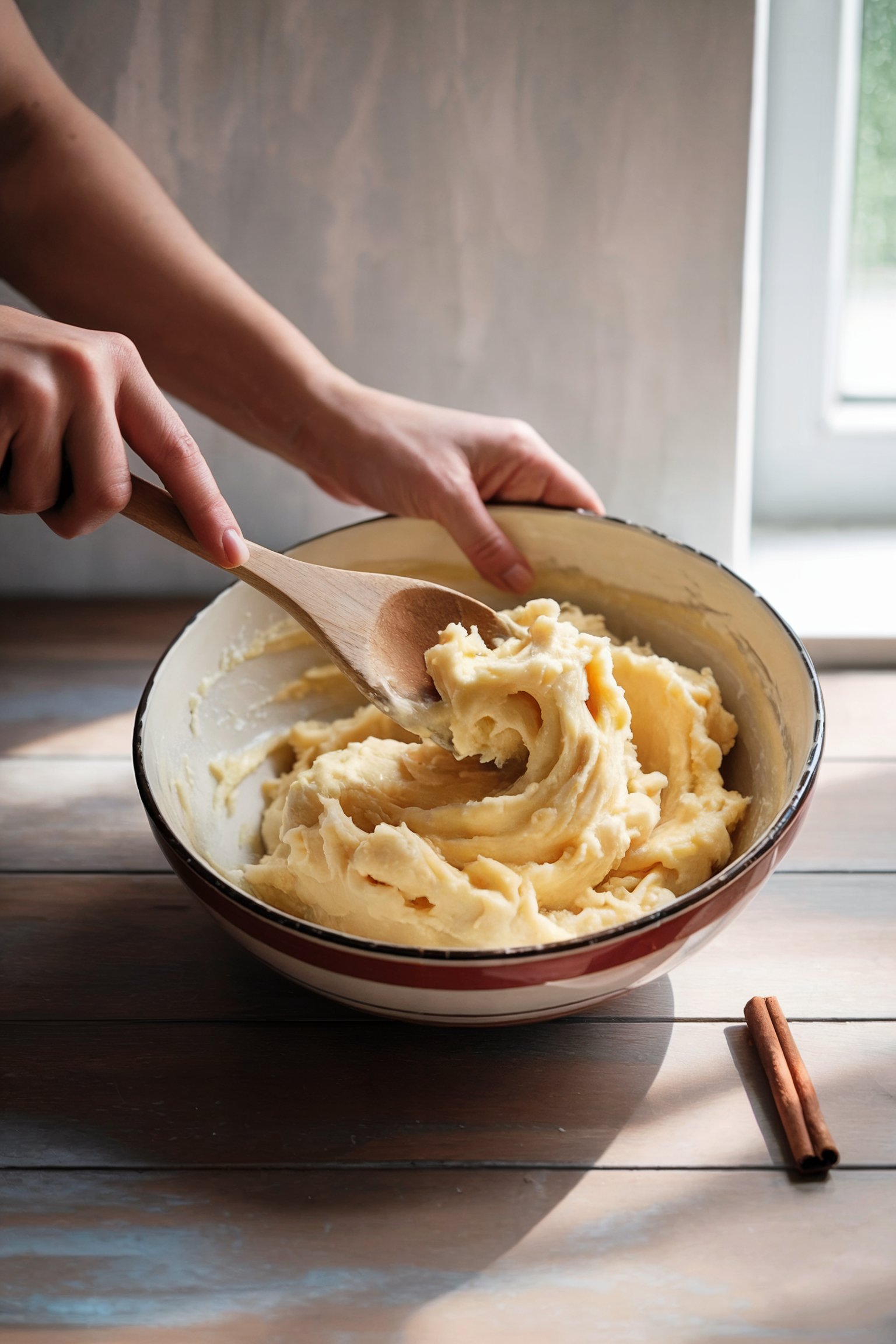 Hands stir pale cookie dough clockwise in white bowl with wooden spoon on oak surface beside cinnamon