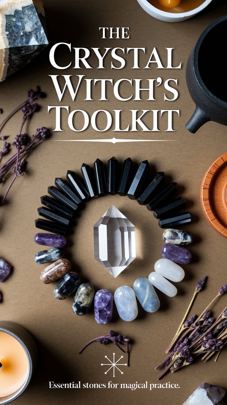 The Complete Crystal Guide by Purpose: Find the Perfect Stone for Every Intention 5 A witch's altar featuring crystals as the focal point against an earth-tone backdrop. "The Crystal Witch's Toolkit" in large, elegant font across the top. A central clear quartz point is surrounded by black tourmaline, amethyst, and moonstone in a protective circle. Dried herbs, a small cauldron, and beeswax candles complement the arrangement. The bottom text reads "Essential stones for magical practice."