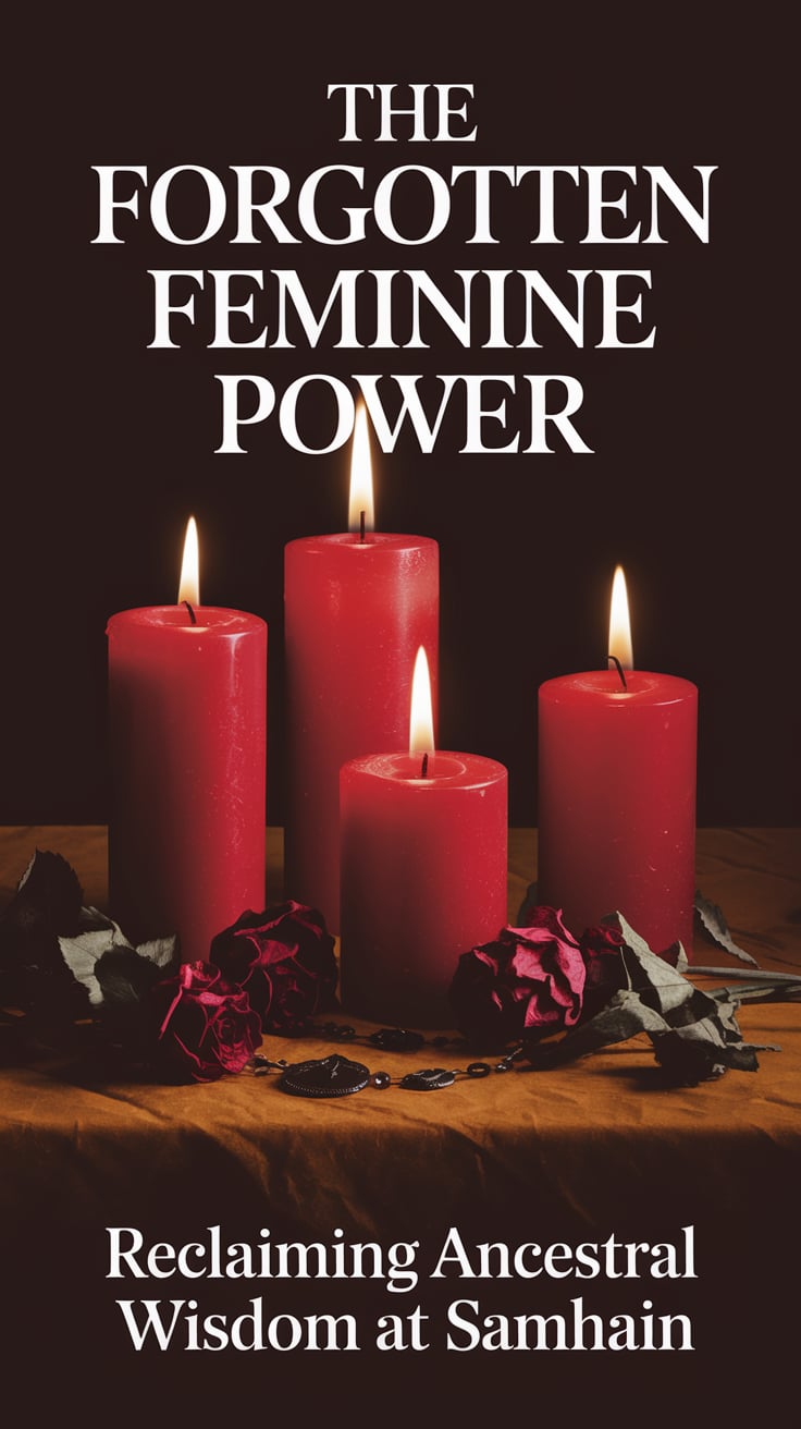 The Ancestral Dark Feminine at Samhain: Connecting with Feminine Ancestors through Respectful Veneration 2 A simple altar with three red candles, family heirlooms, and dried roses against a dark background. Candlelight creates dramatic shadows. Bold text at top says "The forgotten feminine power" in an elegant serif font. Bottom text reads "Reclaiming ancestral wisdom at Samhain" in matching style.