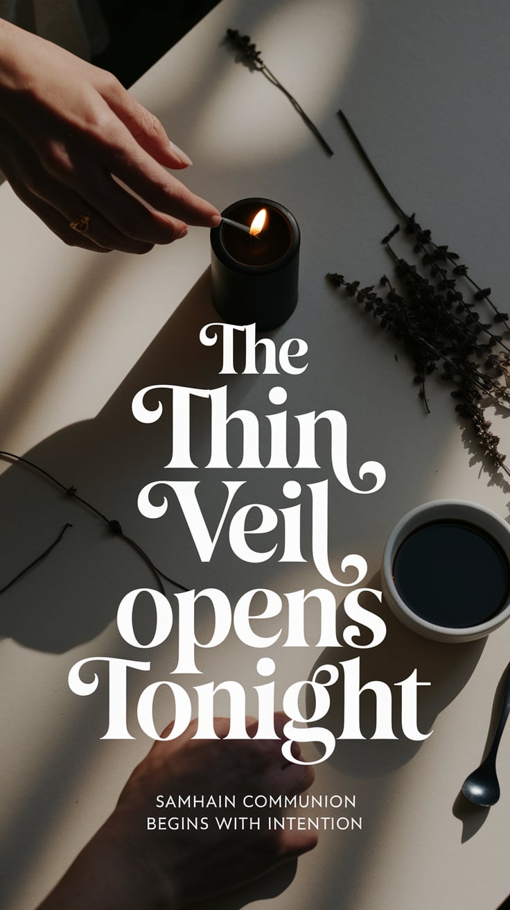 Overhead view of hands lighting a black candle on a simple altar with dried herbs and a small bowl of wine. Soft shadows create an intimate, sacred feeling. Bold text across the top says "The thin veil opens tonight" in an elegant, flowing white font. Small text at the bottom states "Samhain communion begins with intention" in the same font style.