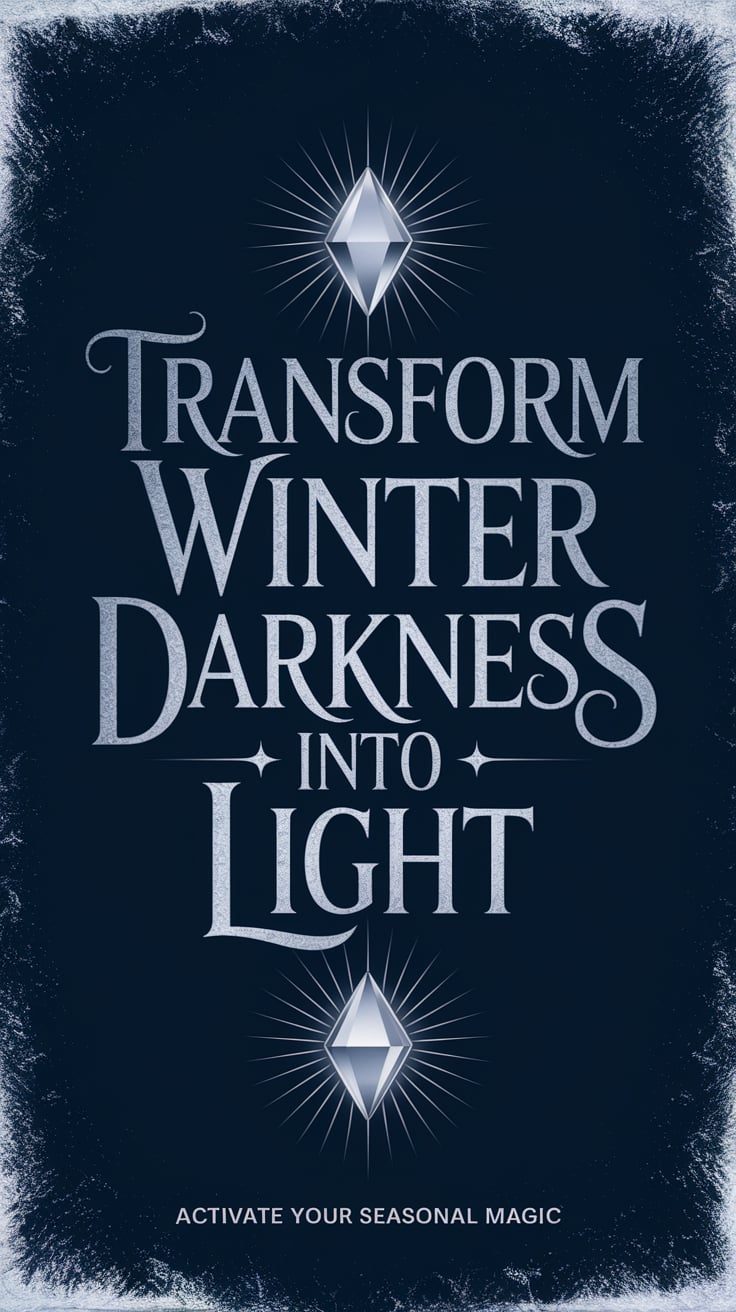 ‘Transform Winter Darkness into Light’ — cinematic font, centered, deep midnight blue with silvery snow, a luminous quartz glow; bottom caption: ‘Activate your seasonal magic’