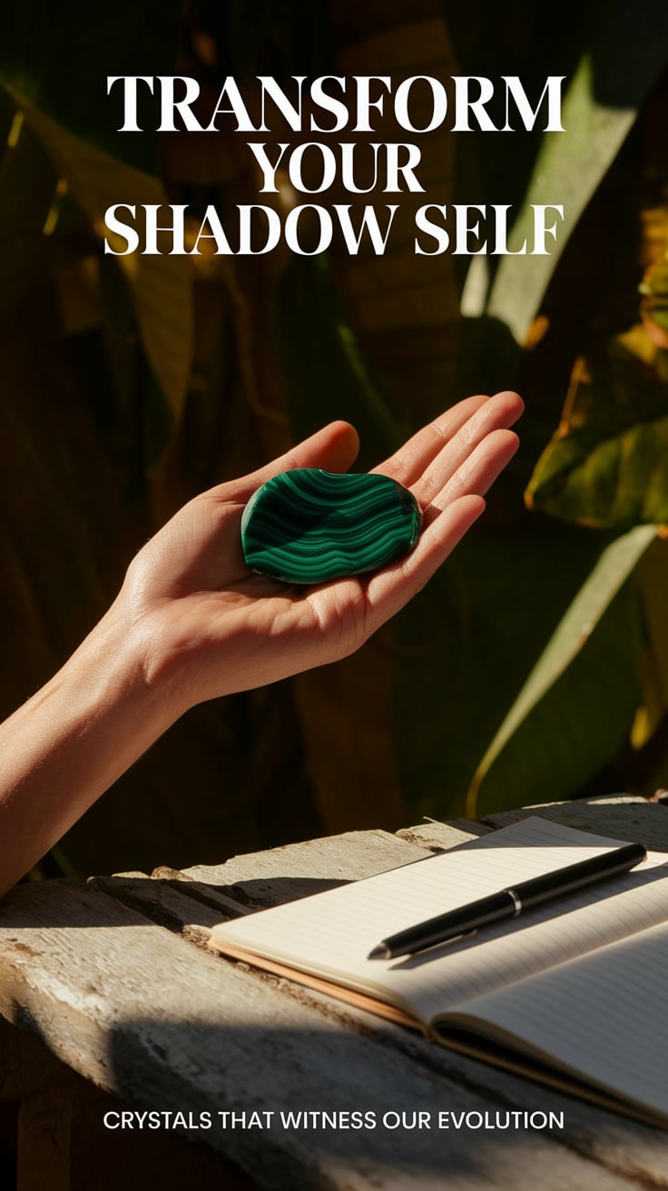 The Complete Crystal Guide by Purpose: Find the Perfect Stone for Every Intention 4 A person's hand holding a tumbled piece of malachite against a background of lush green plants. "Transform Your Shadow Self" in bold white text at the top. The stone's swirling green patterns are highlighted by natural sunlight. A journal and pen rest nearby on a wooden surface, suggesting reflection work. Smaller text at the bottom reads "Crystals that witness our evolution."