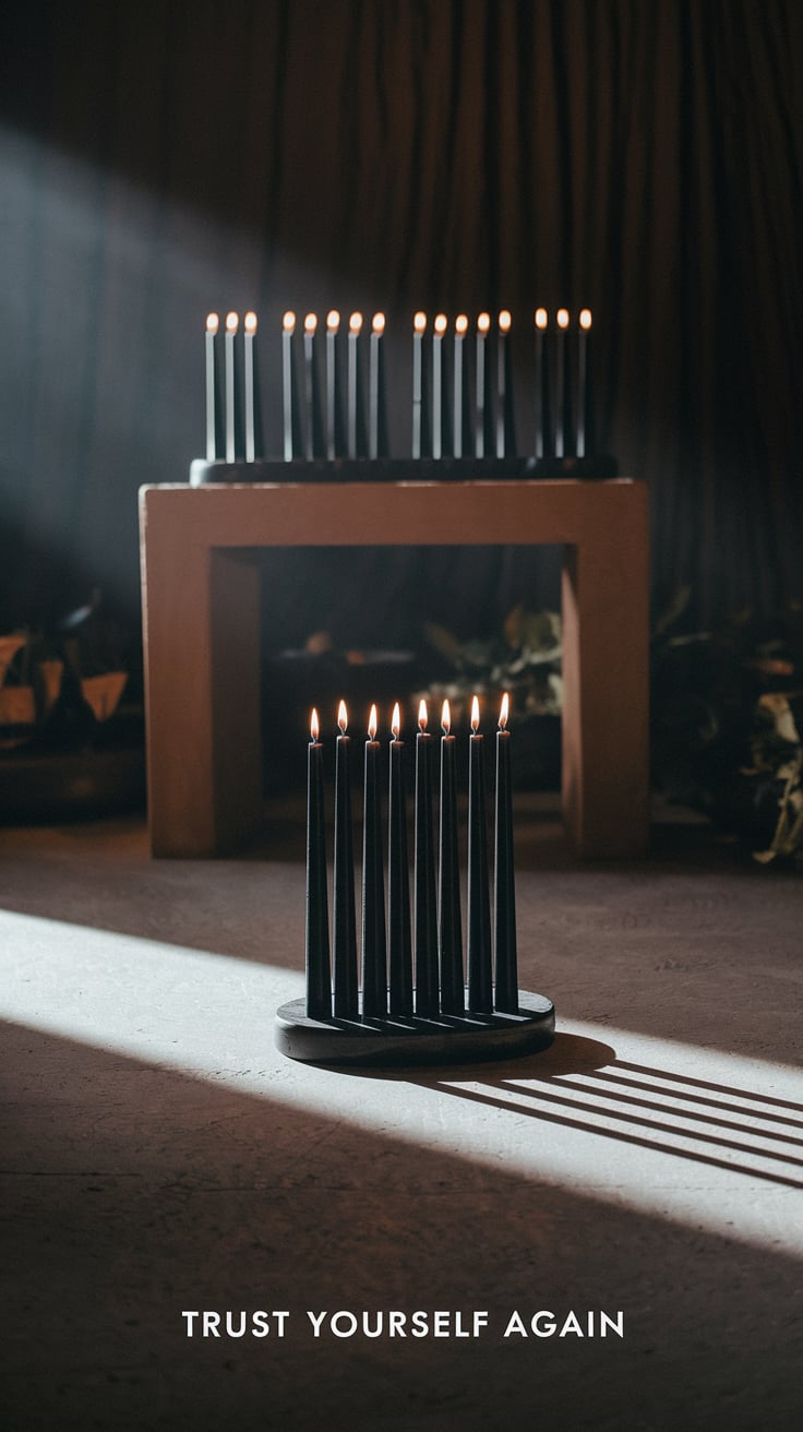 ‘Doubt Your Own Power?’ — dark, moody scene, black candles, earthy tones, shadows cast on a quiet altar. Focus on inner uncertainty and fear of personal strength. Bottom caption: ‘Trust yourself again’