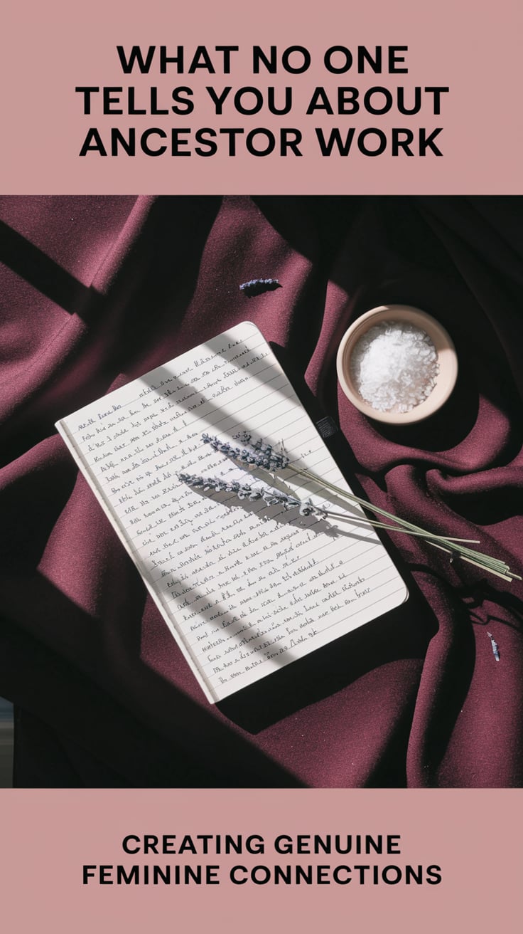 A minimalist flat lay featuring a handwritten journal, dried lavender, and a small dish of salt on deep burgundy fabric. Natural window light creates soft shadows. Bold text at top states "What no one tells you about ancestor work" in a modern sans-serif font. Bottom text reads "Creating genuine feminine connections" in matching font.