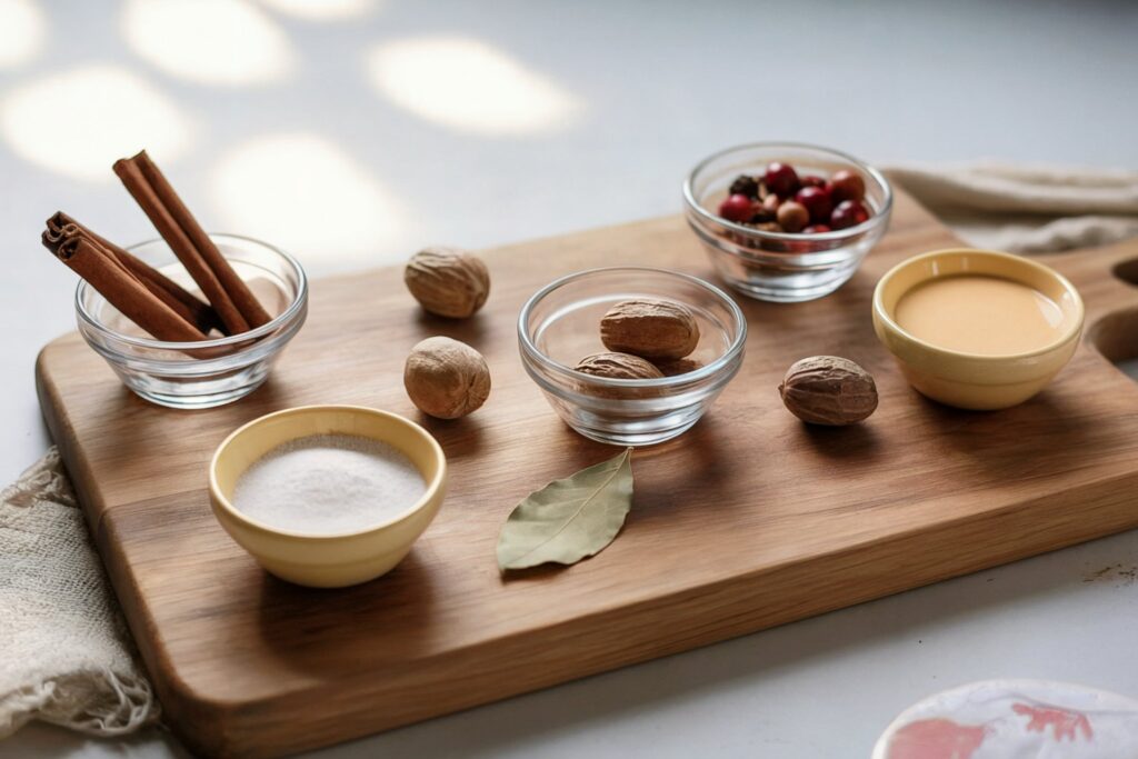 Whole nutmegs, bay leaf, cinnamon sticks, cranberries, brown sugar, and egg wash on wood board for Yule cookie ingredients