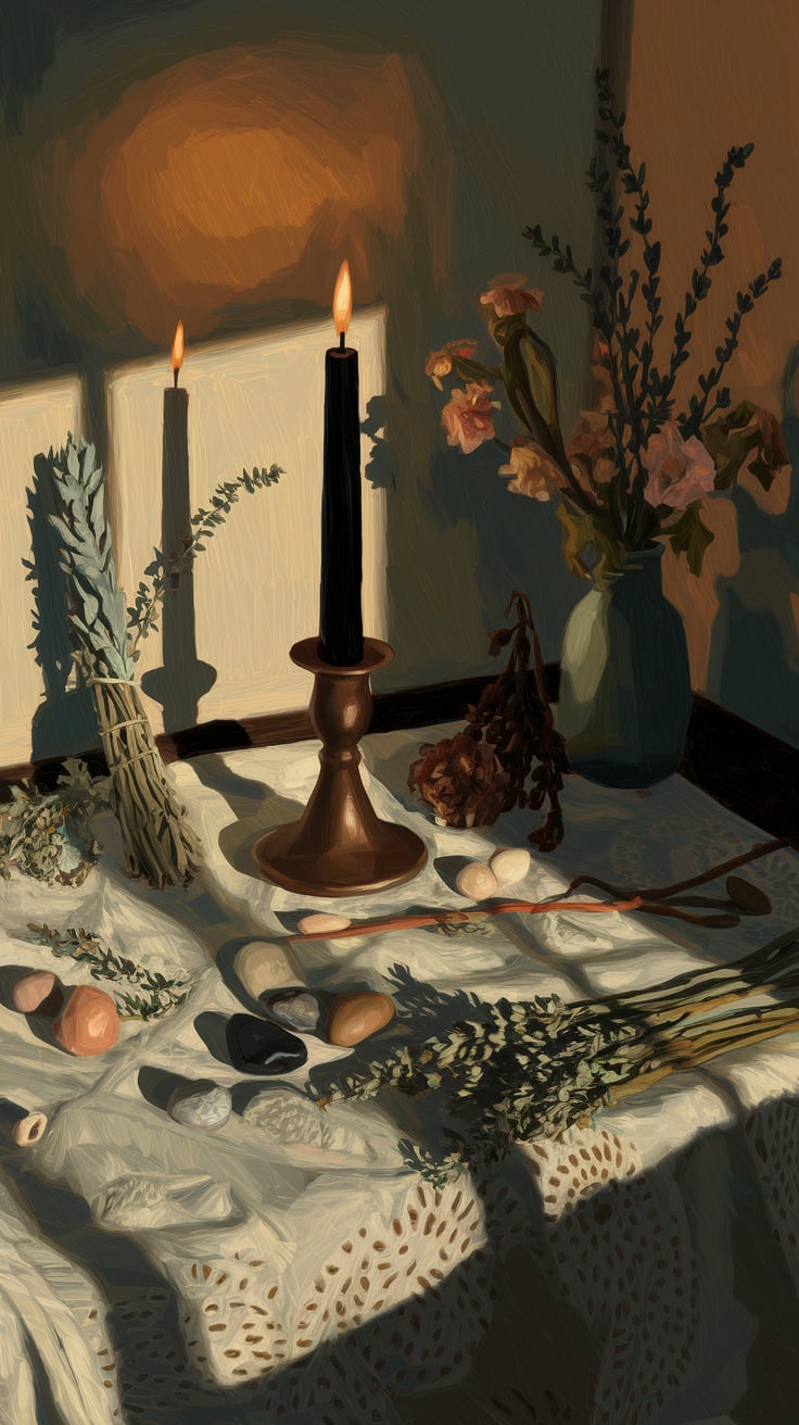 A small, rustic altar set with a single flickering black or deep orange candle, surrounded by dried herbs (like sage, mugwort, or thyme), seasonal flowers in muted tones, and a few personal tokens (like stones or keepsakes). The scene is dimly lit, with shadows dancing on textured candles and altar cloth, emphasizing introspection, mystery, and inner work.