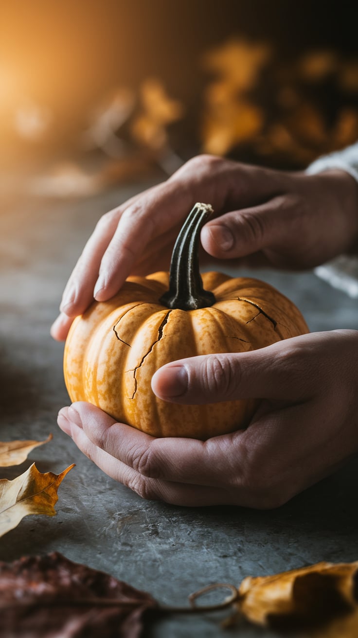 A close-up of hands gently cradling a small cracked pumpkin or gourd, symbolizing the release and transformation themes of Samhain. The background is softly blurred, with earthy tones and hints of fading autumn leaves, capturing vulnerability, acceptance, and renewal.