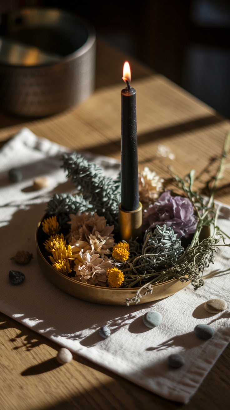 A small, rustic altar set with a single flickering black or deep orange candle, surrounded by dried herbs (like sage, mugwort, or thyme), seasonal flowers in muted tones, and a few personal tokens (like stones or keepsakes). The scene is dimly lit, with shadows dancing on textured candles and altar cloth, emphasizing introspection, mystery, and inner work.