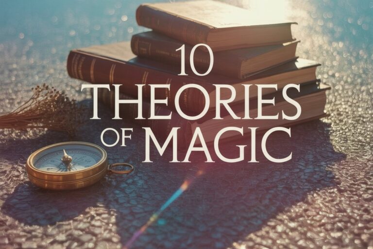 Dark academia poster with "10 Theories Of Magic" in big, huge, bold, giant text that dominates the image. Antique brass compass, dried herbs, worn leather books, moody lighting, rich browns and deep greens.