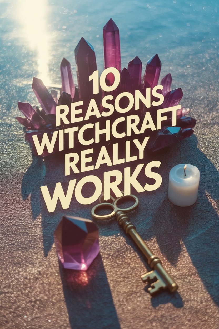 10 Theories To Explain How Witchcraft Works 4 Mystical poster with "10 Reasons Witchcraft REALLY Works" in big, huge, bold, giant text that dominates the image. Dark crystals, flickering candles, old brass keys, deep burgundy and gold, atmospheric shadows, witchy aesthetic.