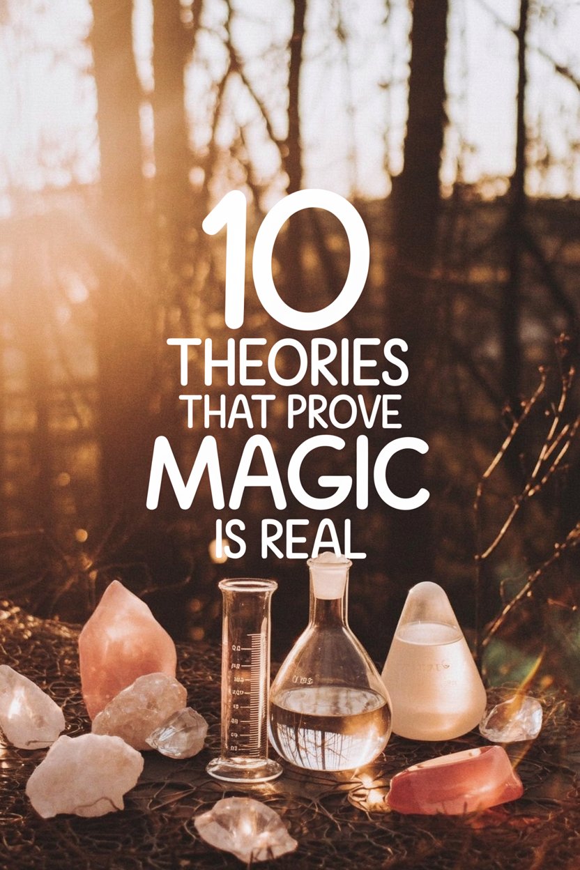 10 Theories To Explain How Witchcraft Works 2 A mystical nature photography composition featuring scientific laboratory equipment and crystals against a forest backdrop. The image has a warm, golden-hour lighting with trees silhouetted in the background. In the foreground, there are several clear glass laboratory beakers and flasks arranged on dark soil. A tall graduated cylinder and a round-bottomed flask contain clear liquid. Multiple pink and clear quartz crystals are scattered around the equipment. The text overlay reads "10 THEORIES THAT PROVE MAGIC IS REAL" in large white serif font, positioned in the center of the image. The background shows bare tree branches and forest undergrowth, creating a moody, ethereal atmosphere. The overall color palette consists of warm browns, golden yellows, and deep forest greens, with the scientific equipment providing a stark contrast to the natural elements.