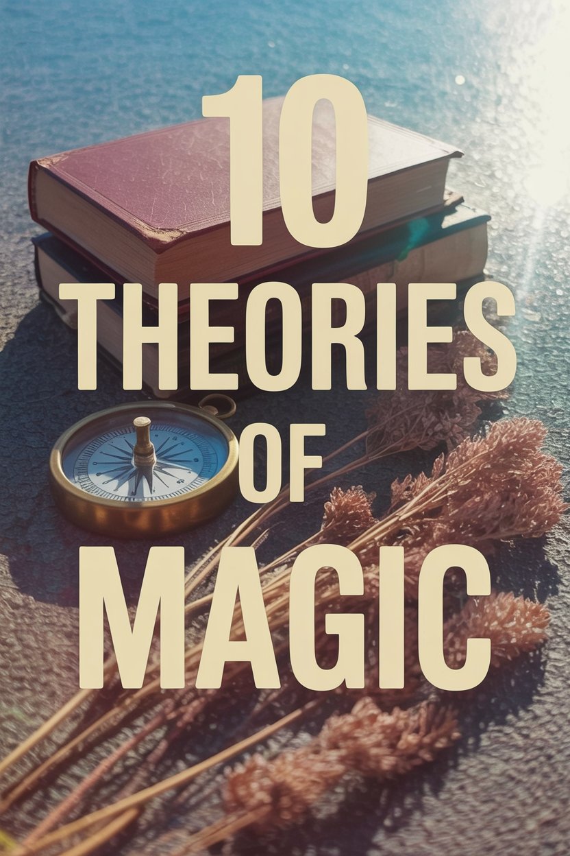 10 Theories To Explain How Witchcraft Works 3 Dark academia poster with "10 Theories Of Magic" in big, huge, bold, giant text that dominates the image. Antique brass compass, dried herbs, worn leather books, moody lighting, rich browns and deep greens.