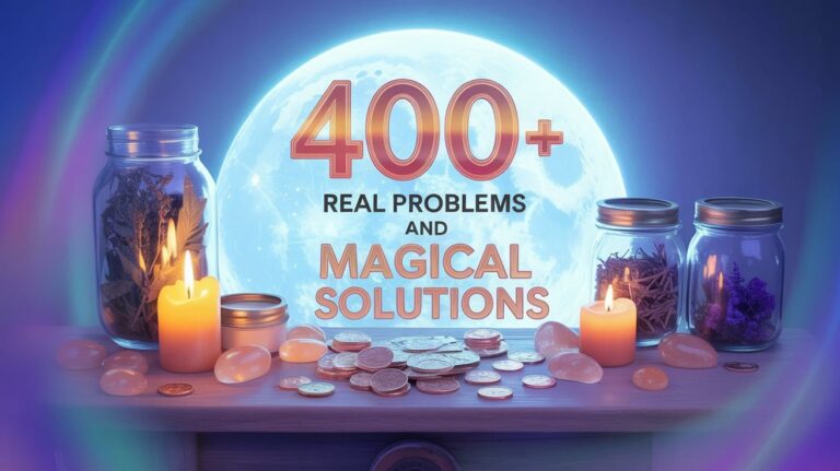 Autumn poster with "400+ Real Problems Need Magical Timing" in bold, warm copper text with golden outline. Harvest moon glowing behind mason jars filled with dried herbs, amber candles flickering, wooden table scattered with copper coins and citrine stones, cozy autumn evening light, rustic warmth.