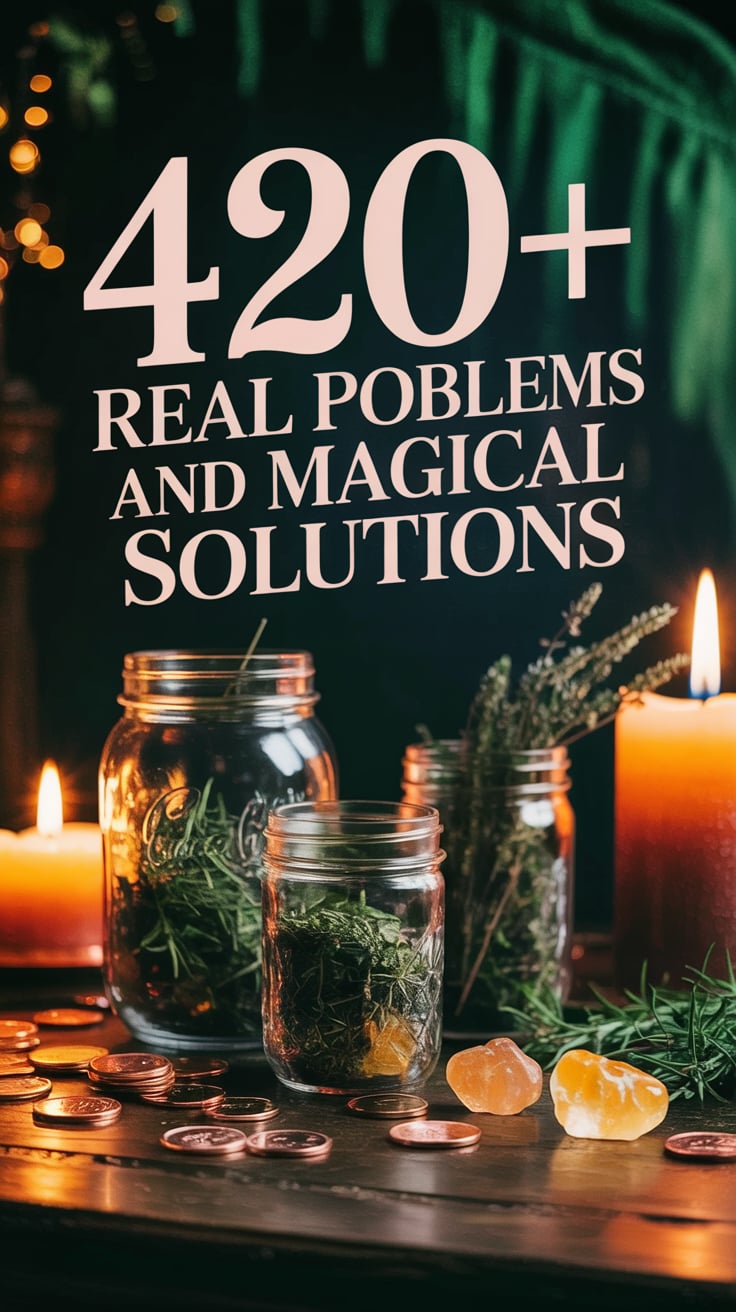 Autumn poster with "400+ Real Problems Need Magical Timing" in bold, warm copper text with golden outline. Harvest moon glowing behind mason jars filled with dried herbs, amber candles flickering, wooden table scattered with copper coins and citrine stones, cozy autumn evening light, rustic warmth.