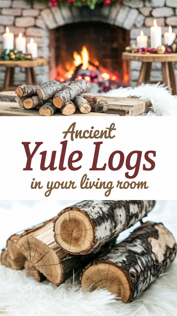 Cozy poster with "Ancient Yule Logs In Your Living Room" in warm golden text. Stone fireplace, glowing harvest moon, wooden tables, golden autumn forest, warm candlelight, gratitude altar setup, rustic composition.