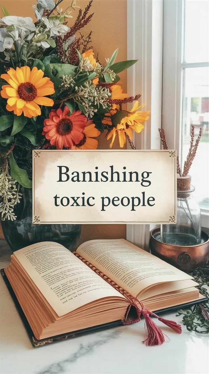 12+ Toxic People Situations: Protection Spells & Boundary Magic 2 A still life photograph of an open book with aged, yellowed pages and a burgundy bookmark ribbon with tassels lying on a white marble surface. The book is positioned in the lower portion of the image. Above the book is a decorative sign with a beige background and black text that reads "Banishing toxic people". The background features a vibrant floral arrangement with orange daisies, coral-colored gerbera daisies, and various green foliage including eucalyptus leaves. The flowers are arranged in a dark container that is partially visible. The scene is set near a window with white trim, and there is a small copper-colored container with dried wheat stalks visible on the right side. The overall composition has warm, golden tones and natural lighting coming from the window. The image has a vintage, cozy aesthetic with soft focus and natural shadows.