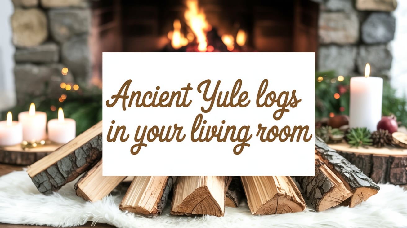 Cozy poster with "Ancient Yule Logs In Your Living Room" in warm golden text. Stone fireplace, glowing harvest moon, wooden tables, golden autumn forest, warm candlelight, gratitude altar setup, rustic composition.
