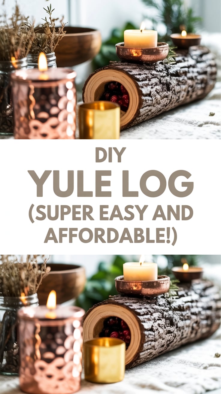 Warm poster with "DIY Yule Log (SUPER EASY AND AFFORDABLE!)" in bold, large golden text. Copper vessels, golden candles, dried herbs in mason jars, wooden bowls, warm amber lighting, cozy autumn aesthetic, clean composition.