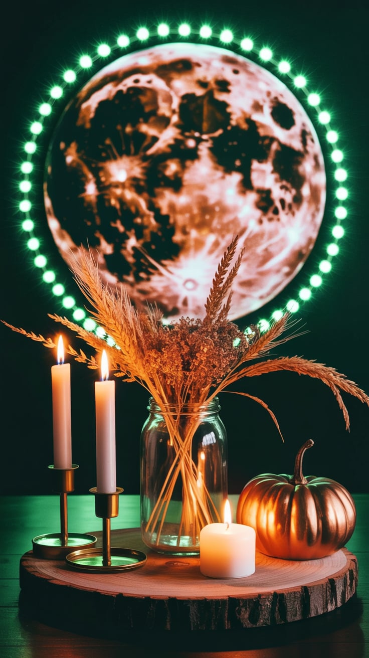 A moody autumn scene with a large detailed full moon in the background, illuminated with bright green string lights creating a circular pattern around it. In the foreground, a wooden circular slice displays a warm autumn arrangement. Three tall white taper candles in brass holders are lit, casting a warm glow. A clear glass mason jar contains dried wheat stalks and golden grasses, creating a rustic centerpiece. A small orange-copper colored pumpkin sits on the right side of the arrangement. A lit white pillar candle rests on the wooden slice. The entire scene is set against a deep forest green background, creating a mystical nighttime atmosphere. The moon's surface details are clearly visible, showing craters and lunar terrain in shades of brown and beige. The green string lights create a glowing border effect around the celestial body, casting a soft ethereal glow throughout the composition.
