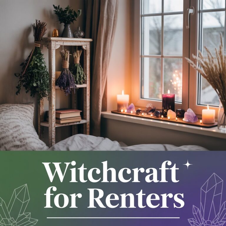 A bedroom corner shows a small bookshelf, hanging herb bundles, and a window ledge altar in a cohesive witchy aesthetic. Behind it, a forest green to deep violet gradient with subtle crystal silhouettes creates a magical atmosphere. The phrase "WITCHCRAFT FOR RENTERS" appears in clean geometric sans-serif lettering at the bottom third of the image.