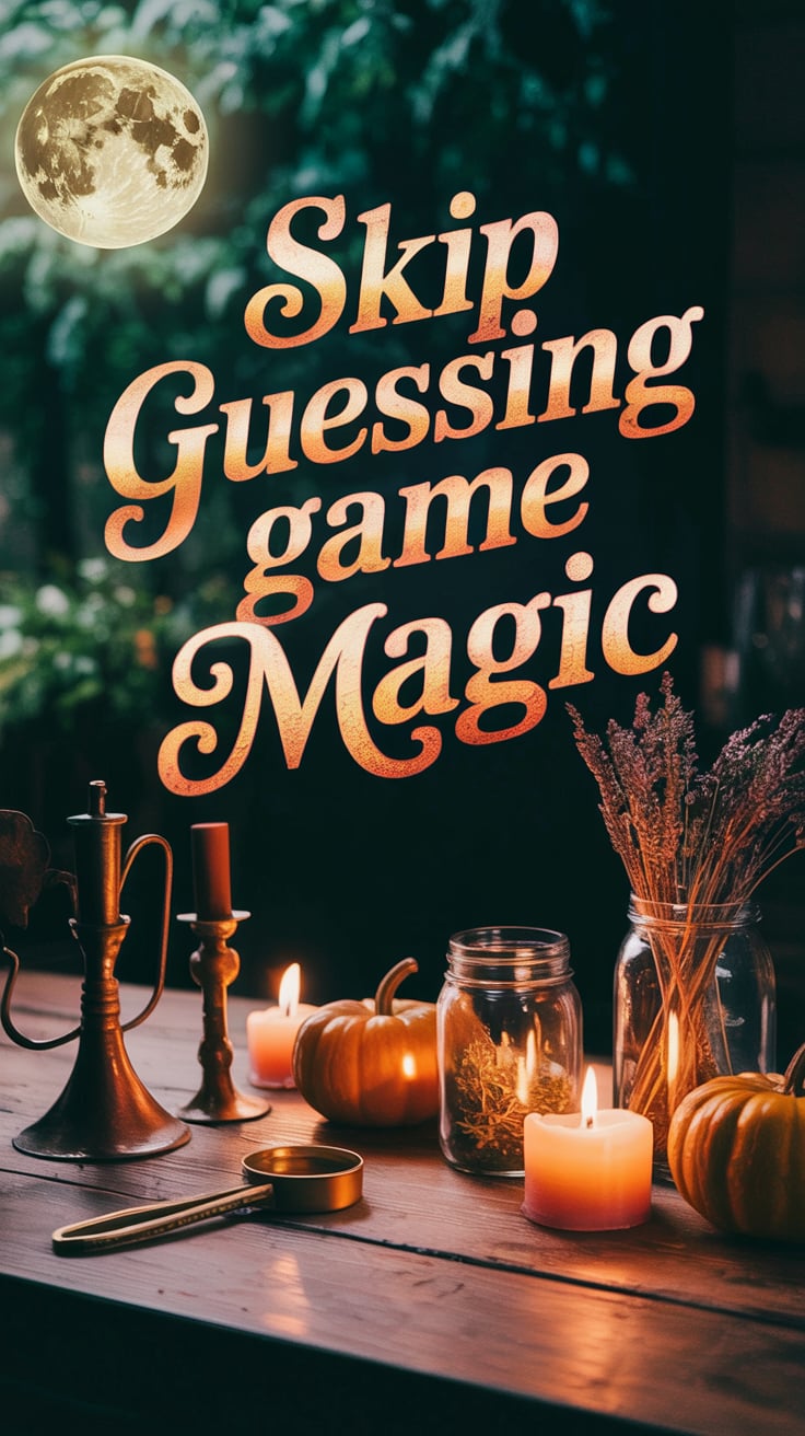Cozy cottage poster with "Skip Guessing Game Magic" in warm amber text with copper outline. Glowing harvest moon above wooden kitchen table, brass ritual tools, mason jars with golden herbs, pumpkin-shaped candles, warm golden firelight, autumn abundance feeling.