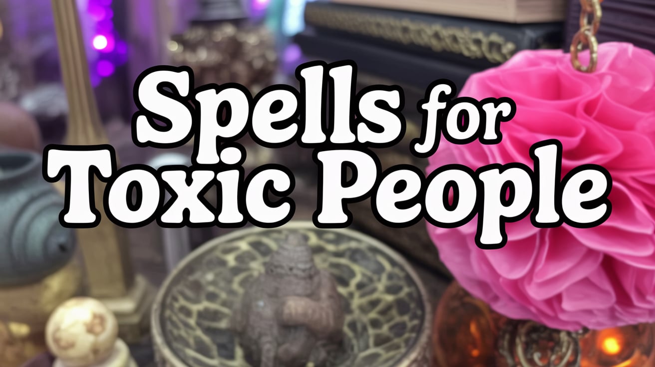 A close-up photo of a decorative spellbook with the text "Spells for Toxic People" overlaid in white text with a black outline. The book is positioned in the center of the frame against a blurred background. The background features purple and blue bokeh lighting effects, creating a mystical atmosphere. On the right side of the frame, there is a large pink fabric flower decoration. The book has ornate gold detailing on its cover. The image has a shallow depth of field, with the text and book in sharp focus while the background elements are softly blurred. The overall composition has a dark, moody aesthetic with the contrast between the bright pink flower and the dark background creating visual interest.