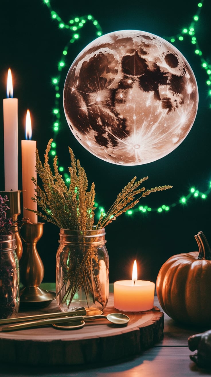 A moody autumn scene with a large detailed full moon in the background, illuminated with bright green string lights creating a circular pattern around it. In the foreground, a wooden circular slice displays a warm autumn arrangement. Three tall white taper candles in brass holders are lit, casting a warm glow. A clear glass mason jar contains dried wheat stalks and golden grasses, creating a rustic centerpiece. A small orange-copper colored pumpkin sits on the right side of the arrangement. A lit white pillar candle rests on the wooden slice. The entire scene is set against a deep forest green background, creating a mystical nighttime atmosphere. The moon's surface details are clearly visible, showing craters and lunar terrain in shades of brown and beige. The green string lights create a glowing border effect around the celestial body, casting a soft ethereal glow throughout the composition.