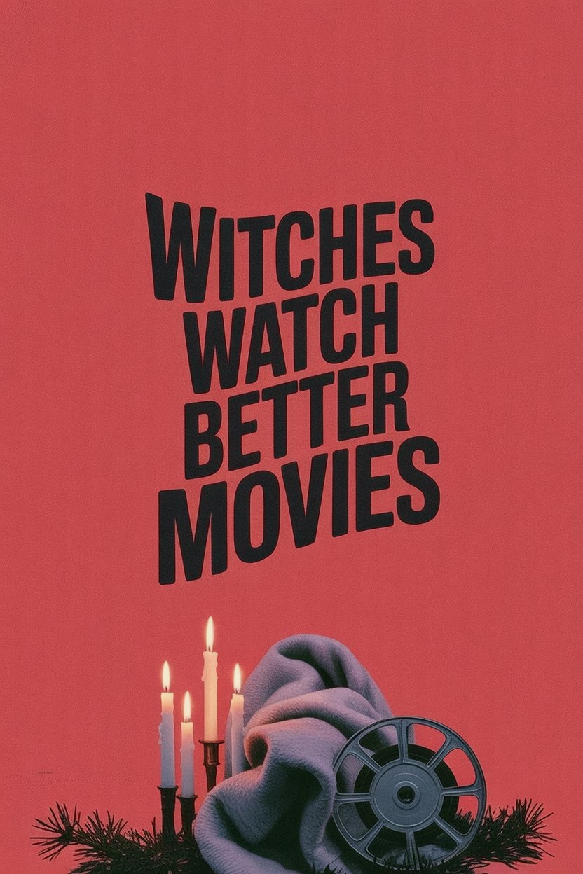 Witchcraft Movies To Watch During Yule 2 Ethereal winter poster with "Witches Watch Better Movies" in big, huge, bold, giant text that dominates the image. Flickering candles, cozy blanket, vintage movie reel, soft winter lighting, pine branches, clean composition.