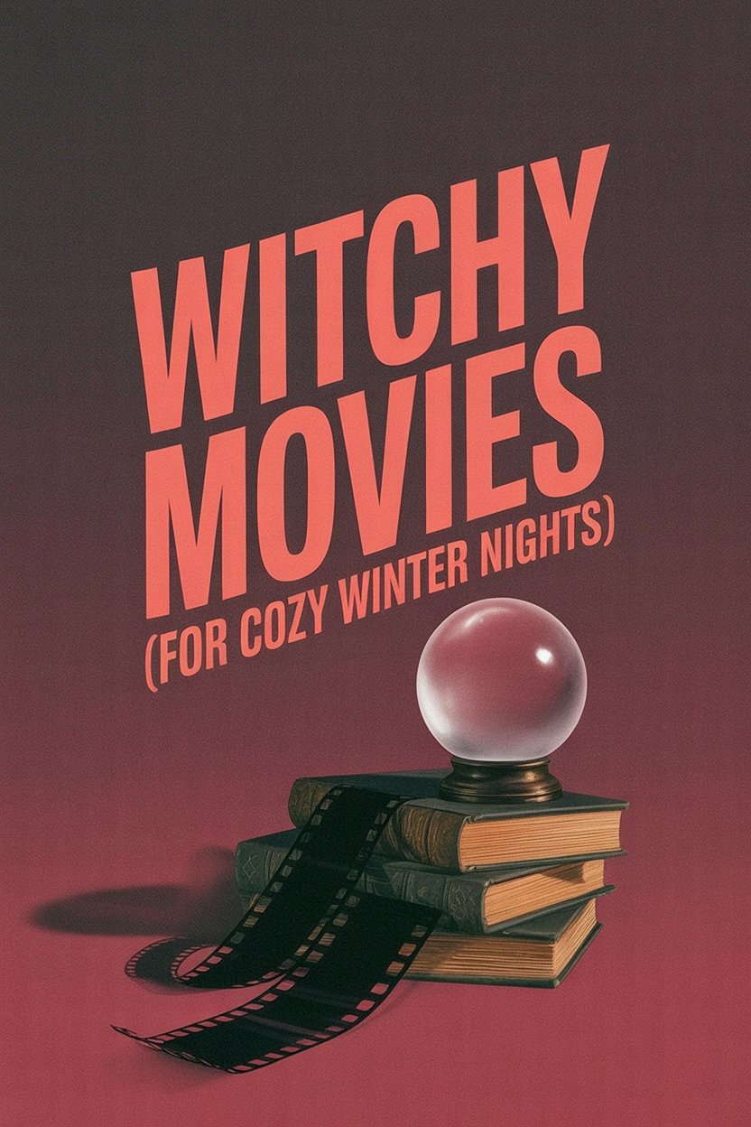 Witchcraft Movies To Watch During Yule 3 Dark academic poster with "Witchy Movies (For Cozy Winter Nights)" in big, huge, bold, giant text that dominates the image. Vintage film strip, crystal ball, antique books, moody shadows, rich burgundy and gold colors, clean composition.