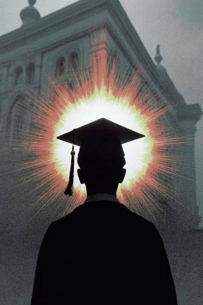 Black silhouette of graduate in cap and gown before classical academic building with golden and white light burst radiating from behind head creating halo effect