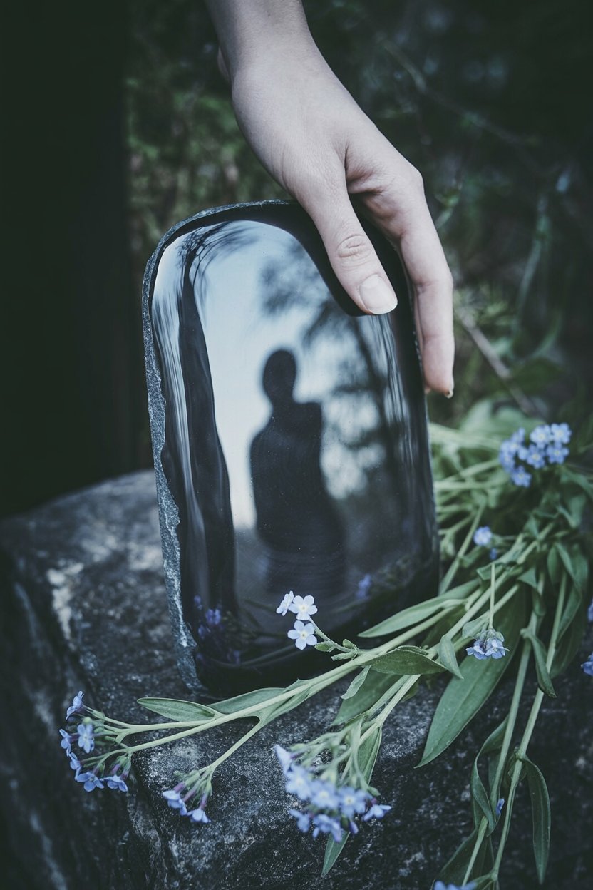 Black obsidian mirror reflecting silhouette, hand reaching down, blue forget-me-not flowers scattered on stone. Mirror shows dead, flowers remind them of living.