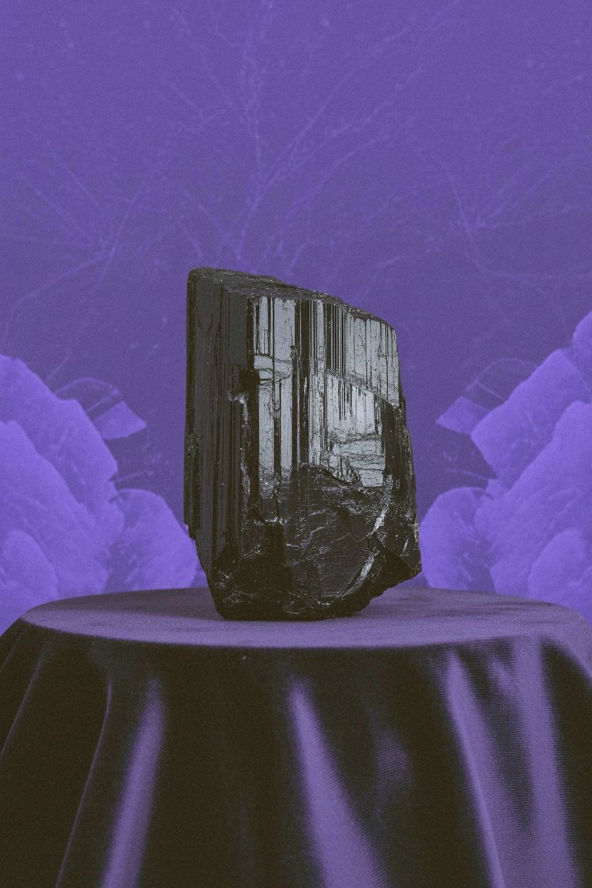 A single black tourmaline crystal stands on a smooth purple circular platform against a deep purple background with branching patterns. The crystal shows distinct hexagonal columnar structure with parallel vertical striations running its full length, rough unpolished matte black surface. Those striations aren't decorative. They channel electromagnetic protection directionally, which is why Hecate's doorway stones always have this structure. Place it where energies need clear boundaries: thresholds, windowsills, altar edges. The stone knows how to stand guard, you just tell it where.