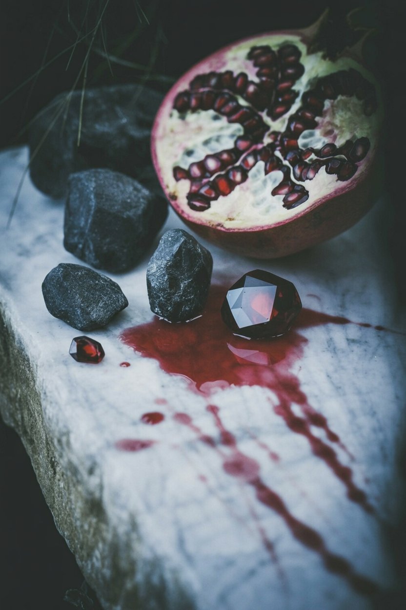 Pomegranate seeds and black stones on white marble with red juice trail. Shows permanent binding through counted offerings: six seeds changed reality's structure.