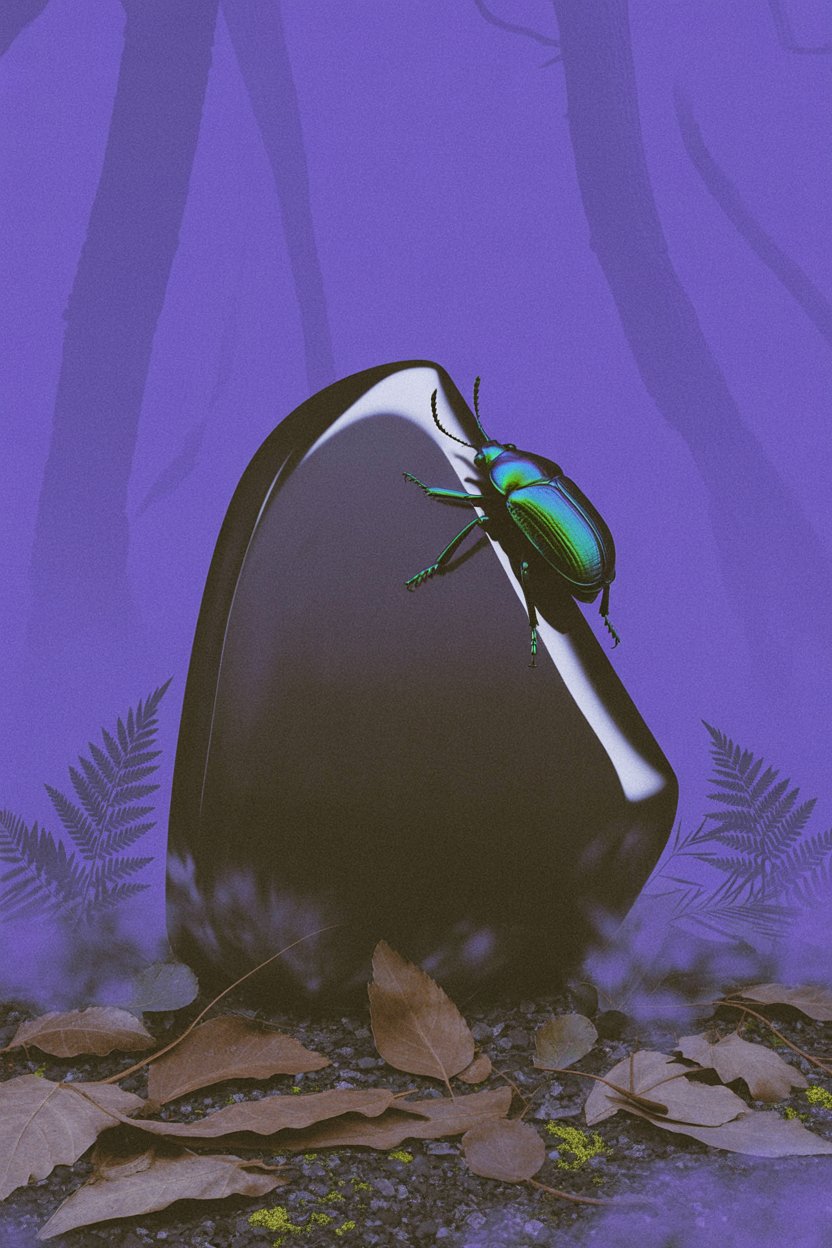 A metallic green and blue stag beetle with iridescent shell climbs up a curved glossy black stone monument against a deep purple background with misty curved lines. Two dark fern silhouettes frame the left side, scattered brown dried autumn leaves rest on the ground. The beetle's iridescent coloring catches light as it ascends. That shimmer is earned through transformation, the same way jet stone is wood that went through enough pressure to become something that endures. This image shows Hecate's transformation domain made visible: death doesn't end things, it makes them luminous and durable in ways they weren't before. She teaches you to recognize beauty that requires dissolution first.