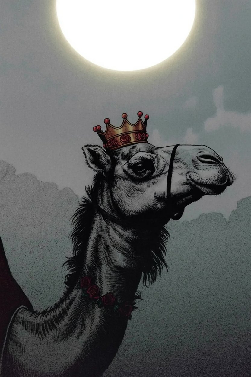 Crowned white dromedary camel head against full moon wearing golden crown with red rubies and red rose garland in charcoal sketch style with misty mountain background