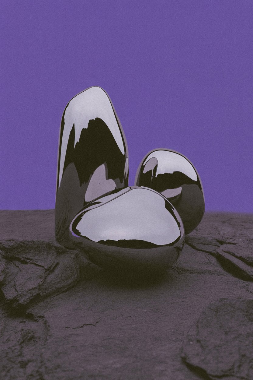 Three glossy black polished stones rest on a dark slate surface against a deep purple background, arranged in a loose triangle. The stones have smooth curved surfaces with mirror-like reflective finishes, creating clear reflections on the charcoal gray platform beneath them. This triangular arrangement references the three-way crossroads where Hecate appears, and the mirror-polished surfaces show you what you've been avoiding looking at. She doesn't force revelation gently. These stones do what her torches do: illuminate what's actually there, whether you wanted to see it or not.