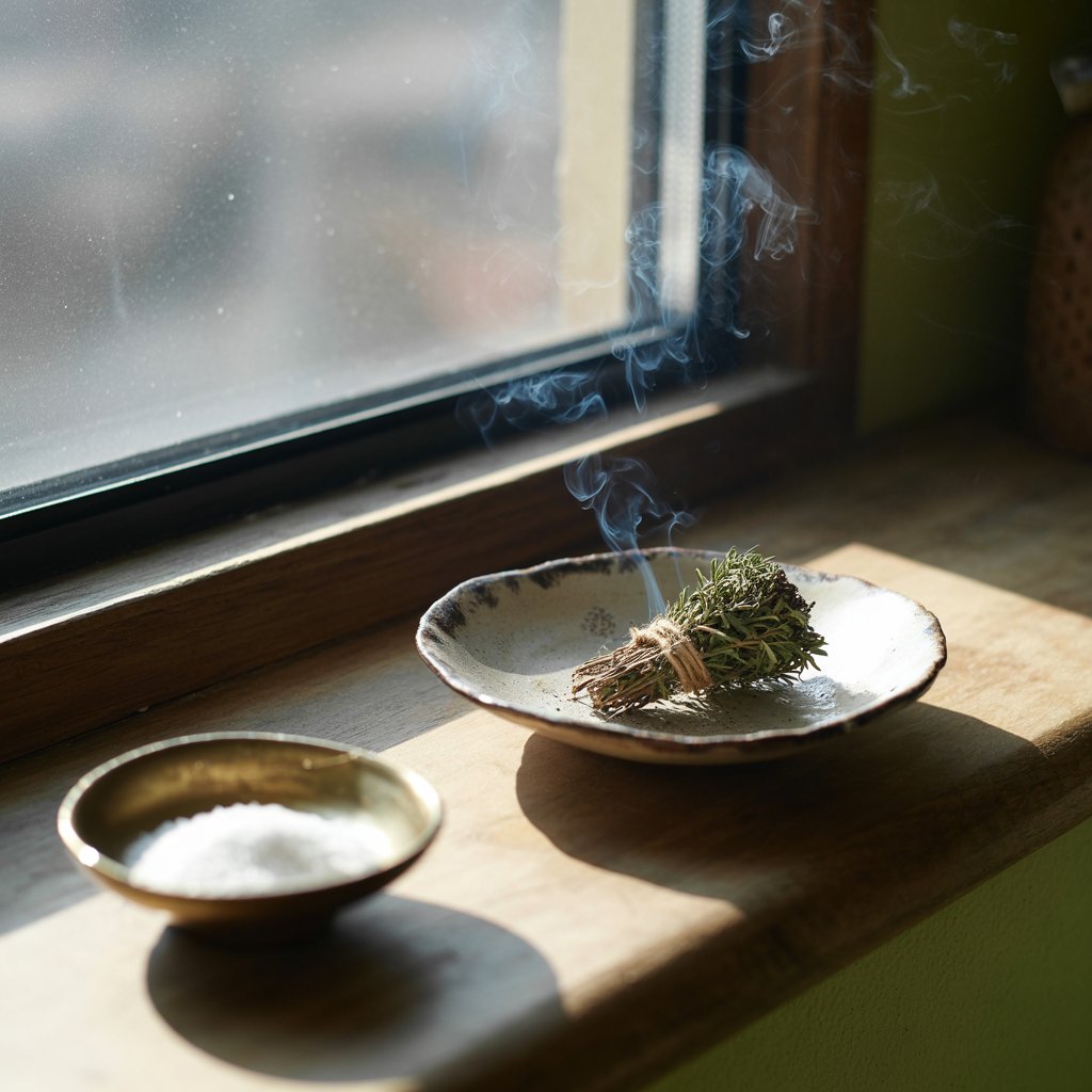 Hands hold a lit white sage bundle over an abalone shell as thin smoke curls upward against a dark background, the glowing ember tip visible where dried leaves smolder during a traditional space cleansing ritual. (213 characters)
