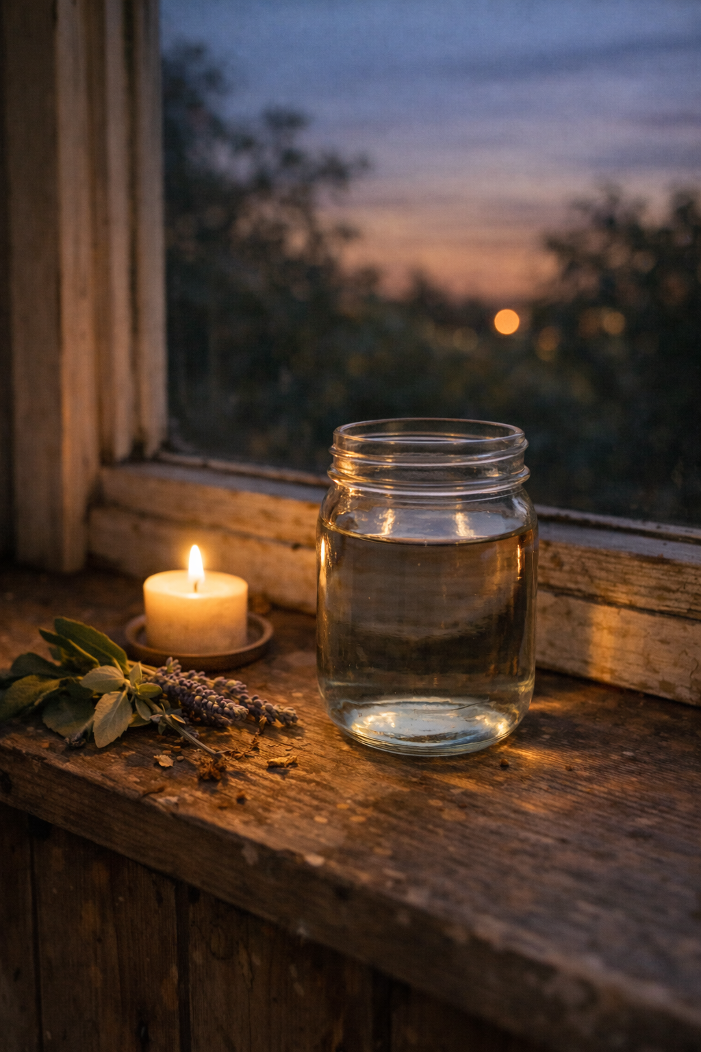 Glass jar of water beside a small candle and herbs on a wooden windowsill at sunset.
